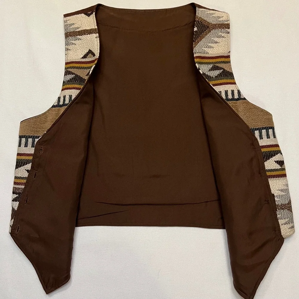 Southwestern Aztec Geometric Pattern Tapestry Vest Brown Button Front Size‎ XL